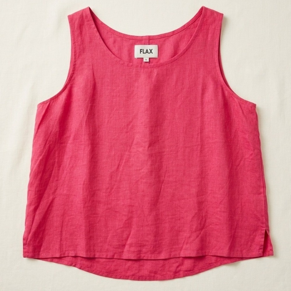 FLAX Linen Tank Top Women Large Pink Coral Sleeveless Scoop Neck Boxy Lagenlook